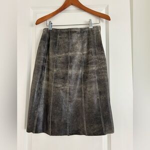 Grey Distressed Leather Paneled A-Line Skirt